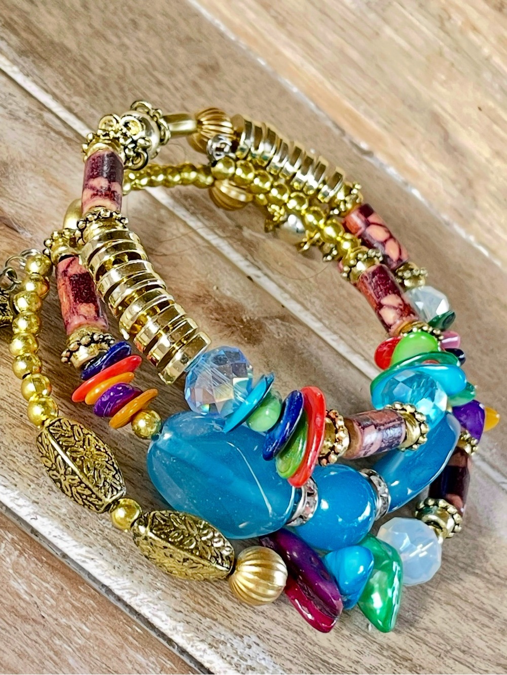 Handmade Multicolor Gold-Accent Beaded Statement Bracelet